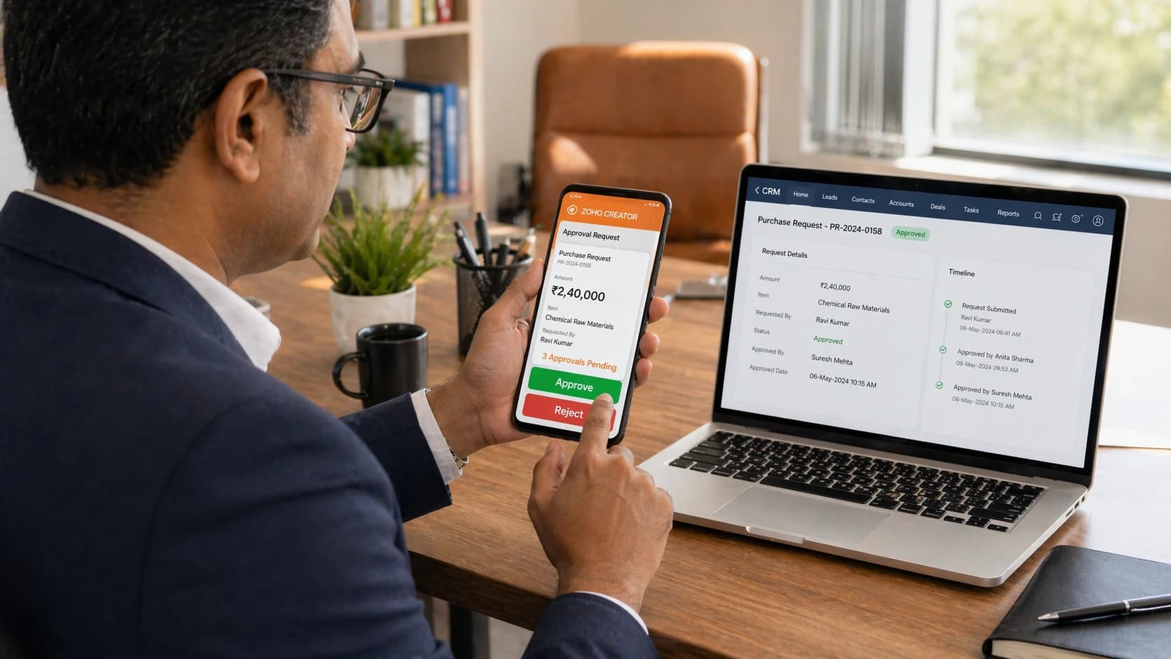Manager approving multi-step business request on custom Zoho Creator approval workflow app