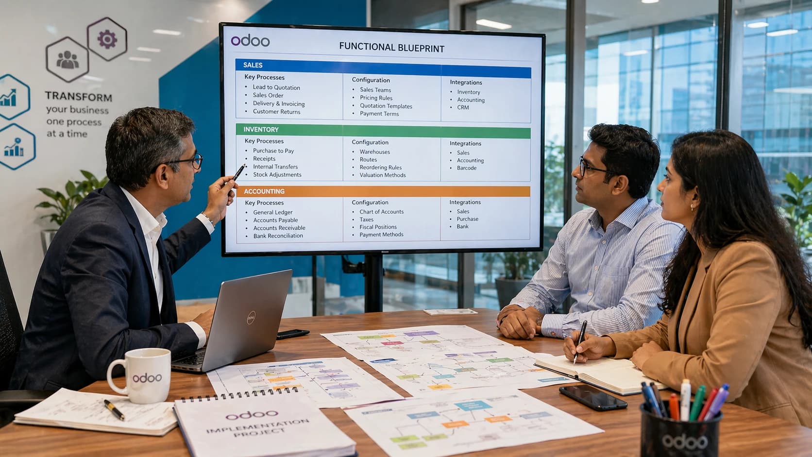 Functional consultant reviewing Odoo configuration blueprint with business team