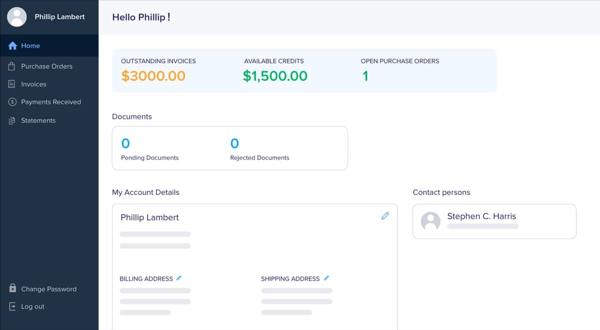 Zoho Books vendor portal dashboard displaying outstanding invoices, credits, and account details