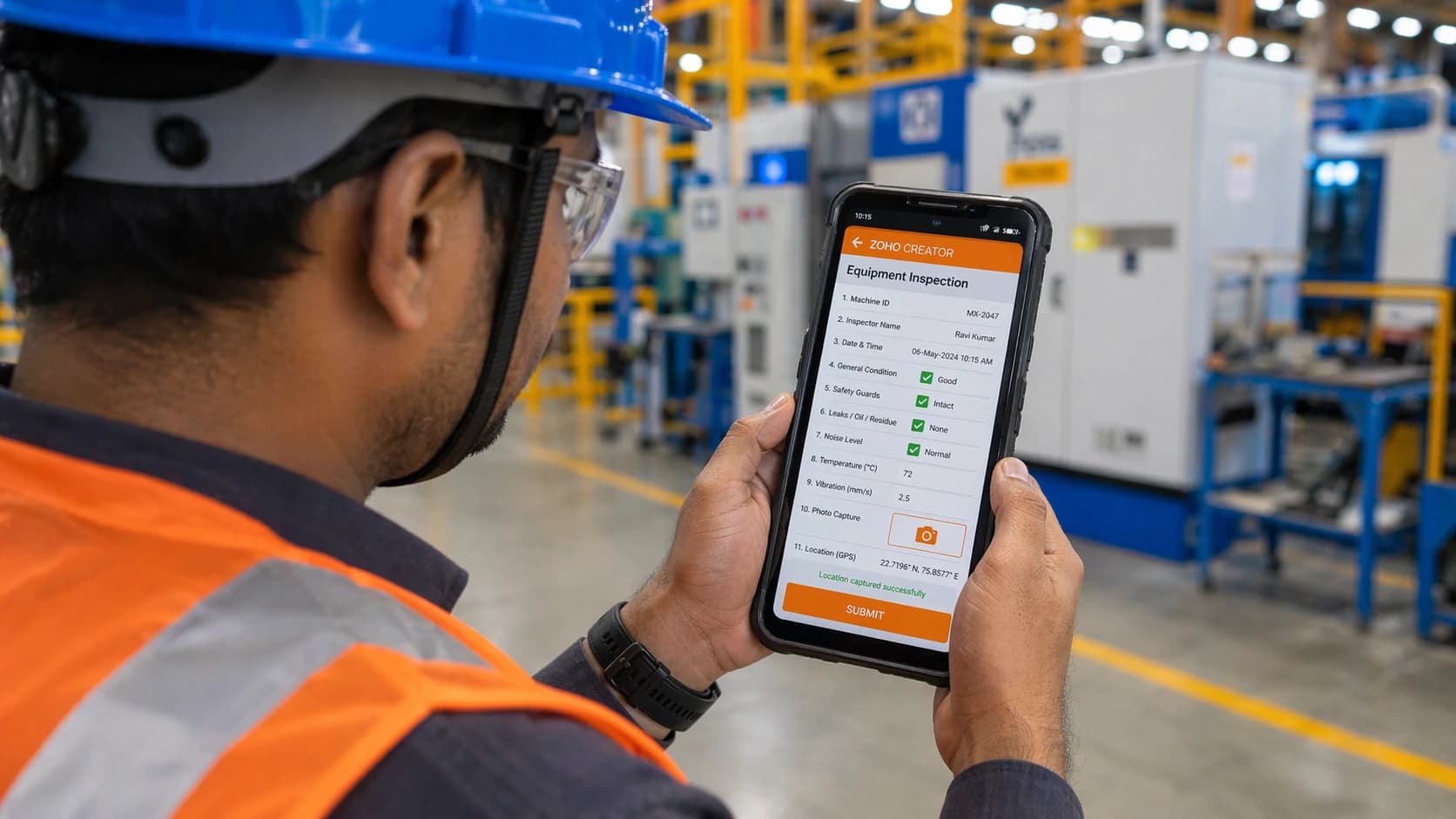 Quality inspector completing 40-point field inspection checklist on Zoho Creator mobile app