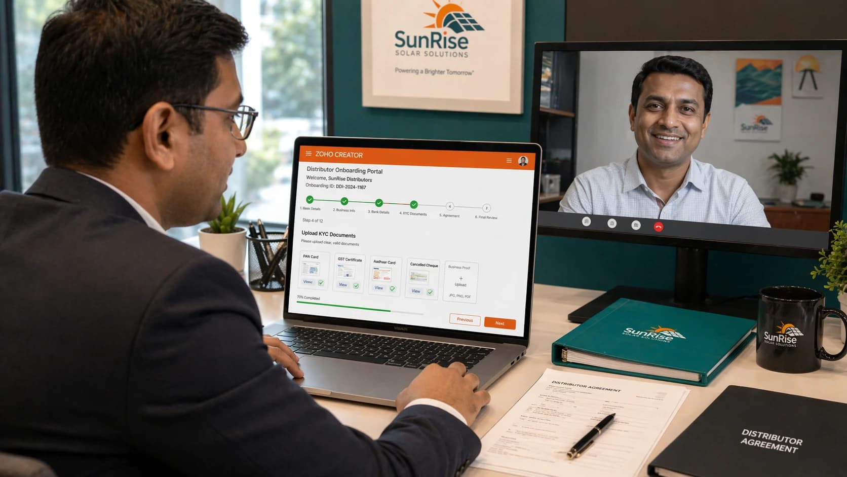 Business development manager onboarding a new distributor through custom Zoho Creator portal app