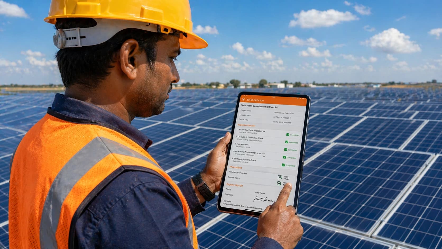 Solar EPC site engineer using custom Zoho Creator commissioning app on tablet at solar farm
