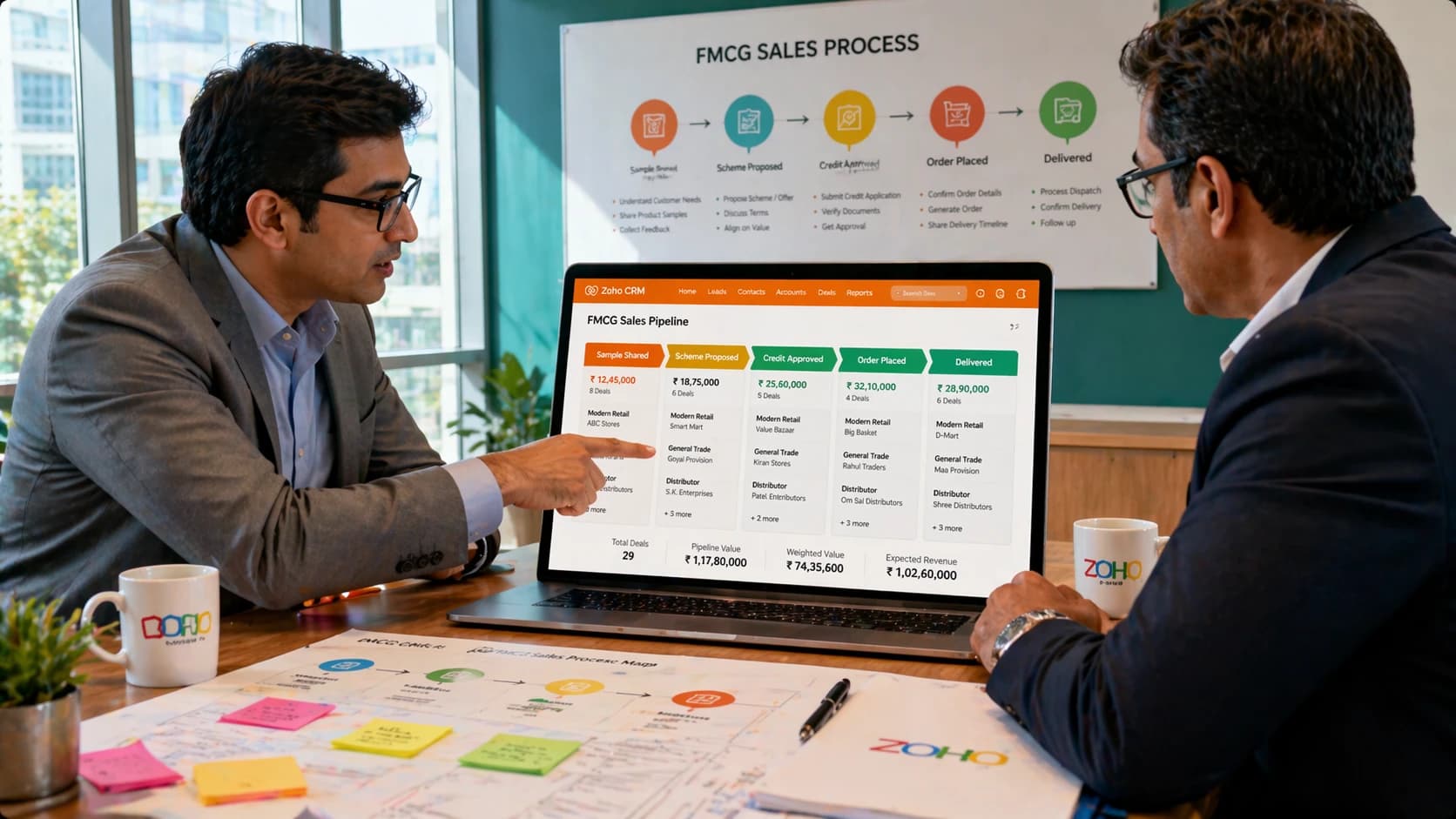 Zoho CRM configured with industry-specific pipeline stages for FMCG and Chemical trading sales team