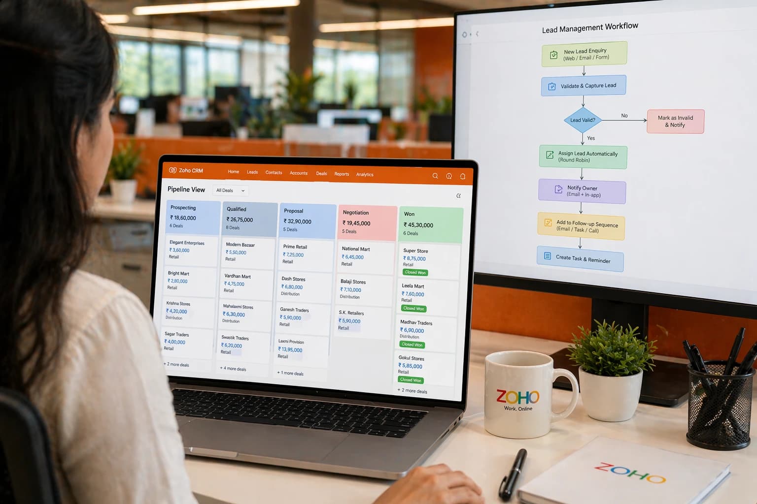 New lead automatically assigned to sales rep in Zoho CRM with instant notification on mobile