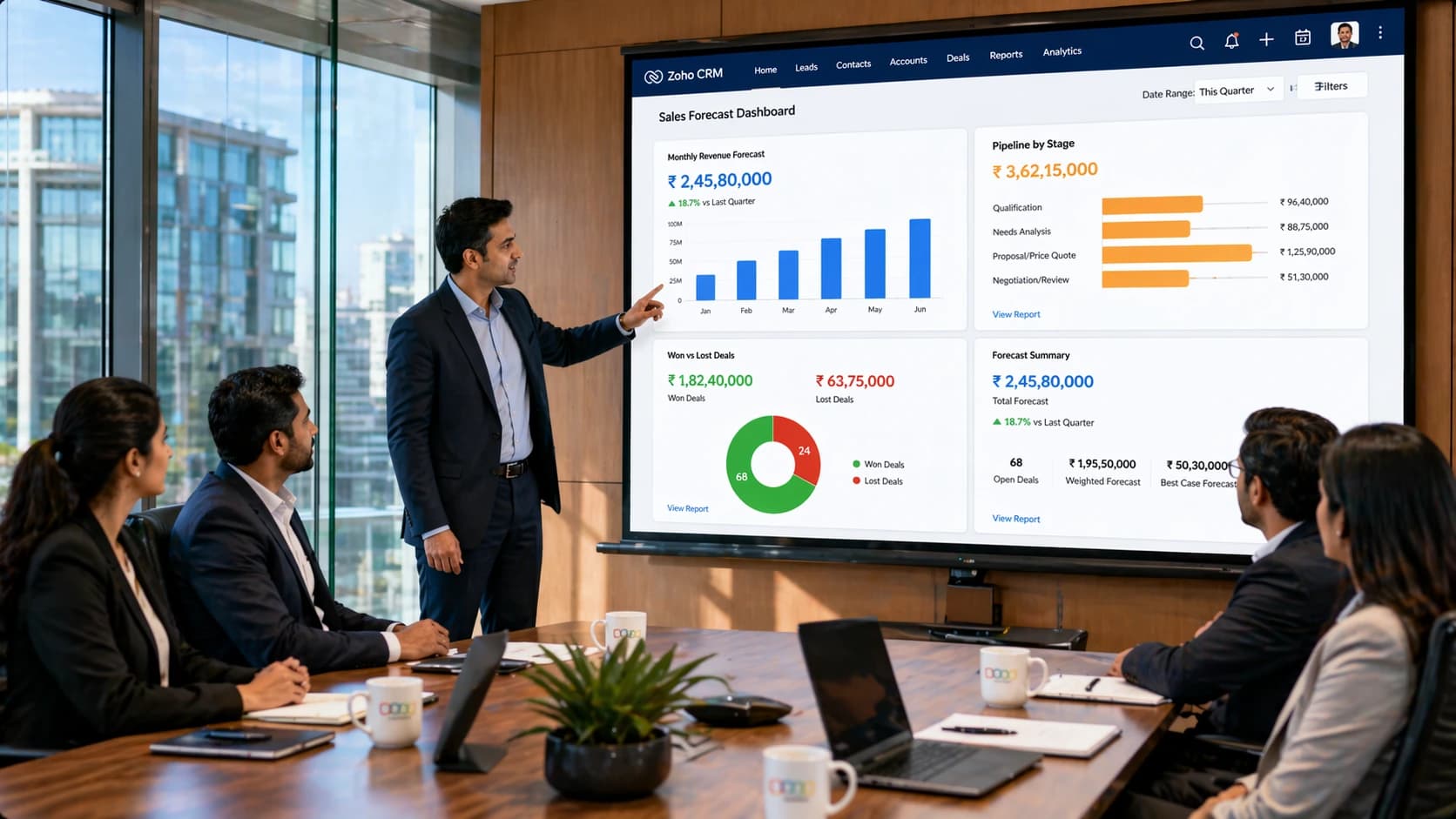 CEO reviewing live Zoho CRM sales forecast and pipeline report in board meeting